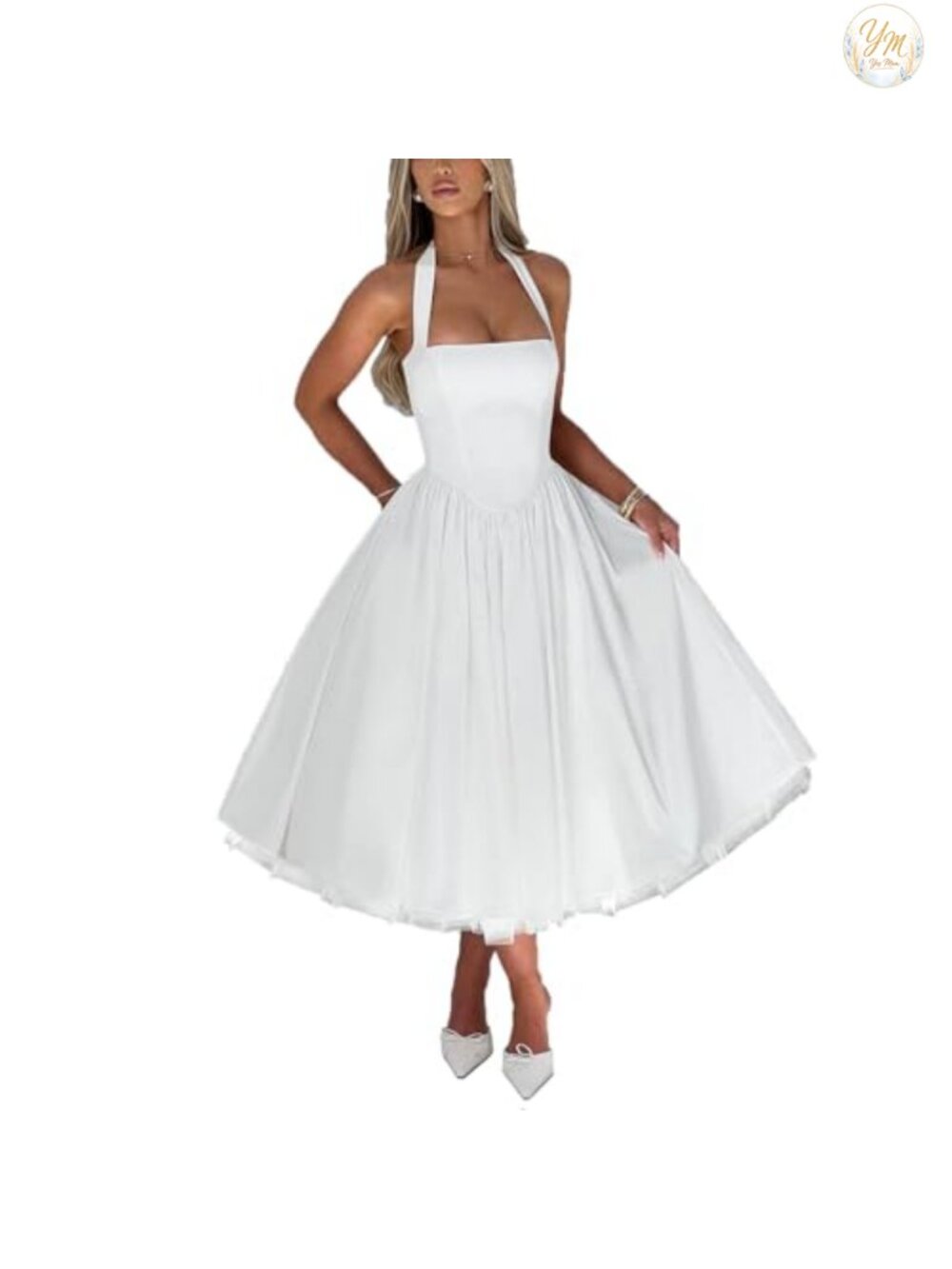 Halter Corset A-Line Tulle Swing Dress Formal Prom Ball Gown Tea Length